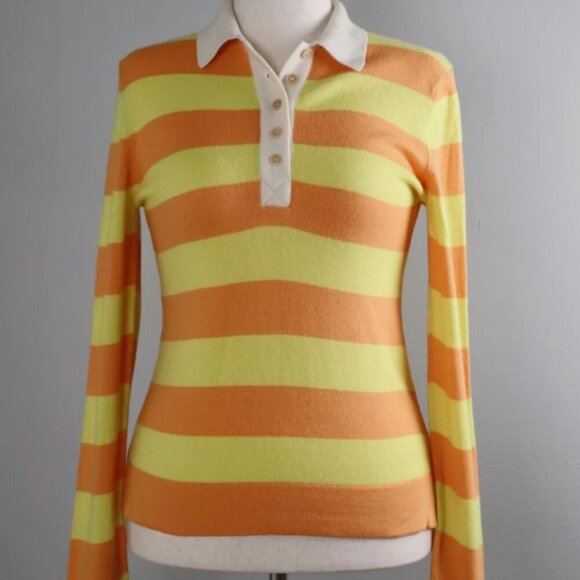 Theory Cashmere Silk Striped Orange Yellow Knit Polo Long Sleeve Shirt Small - Picture 1 of 12